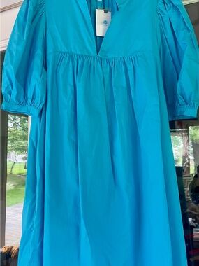 Sugarlips Bright Turquoise Puff Sleeve V-Neck Midi Dress